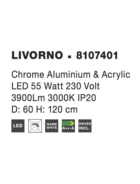 LIVORNO Chrome Aluminium & Acrylic Adjustable LED 55 Watt 230 Volt 3900Lm 3000K IP20 D: 60 H: 120 cm