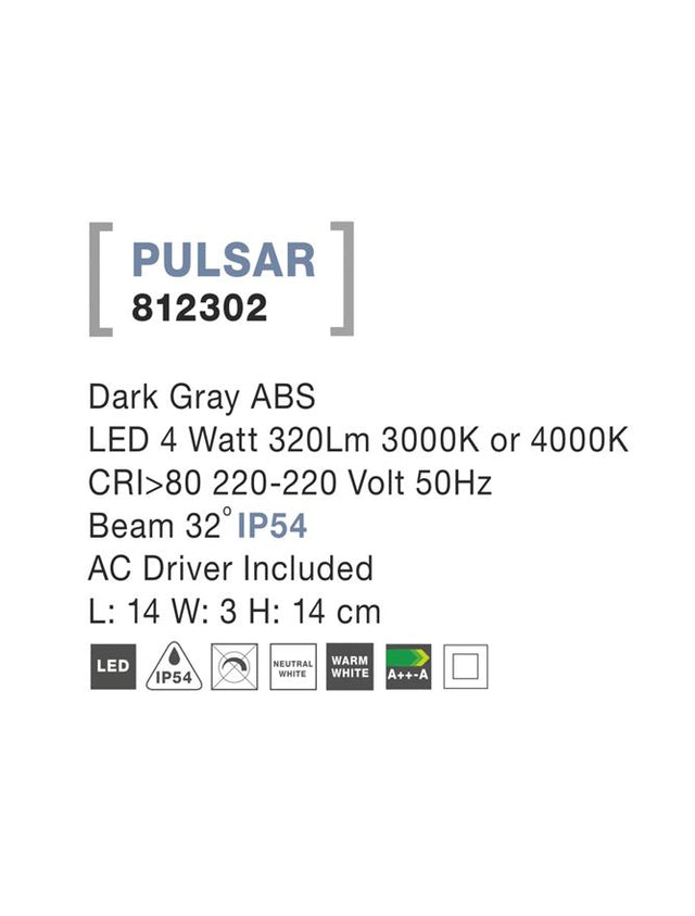 PULSAR Dark Gray ABS LED 4 Watt 320Lm 3000K/4000K L: 14 W: 3 H: 14 cm IP54