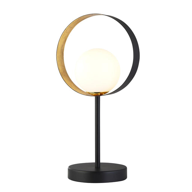 ORBITAL 1LT MATT BLACK AND GOLD LEAF TABLE LAMP WITH OPAL GLASS