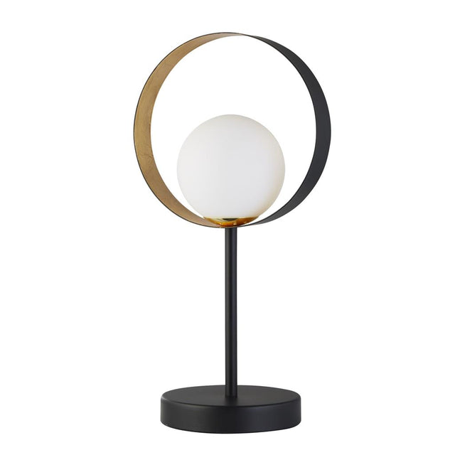 ORBITAL 1LT MATT BLACK AND GOLD LEAF TABLE LAMP WITH OPAL GLASS