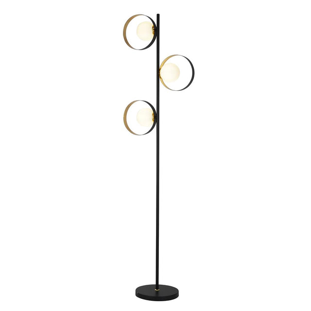 ORBITAL 3LT MATT BLACK AND GOLD LEAF FLOOR LIGHT WITH OPAL GLASS