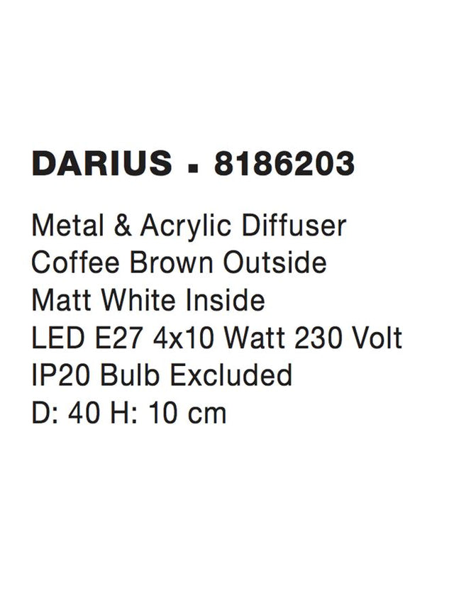 DARIUS Ceiling lamp Metal & Acrylic Diffuser Brown Outside & Matt White Inside LED E27 4x12 Watt L:40 H:10cm