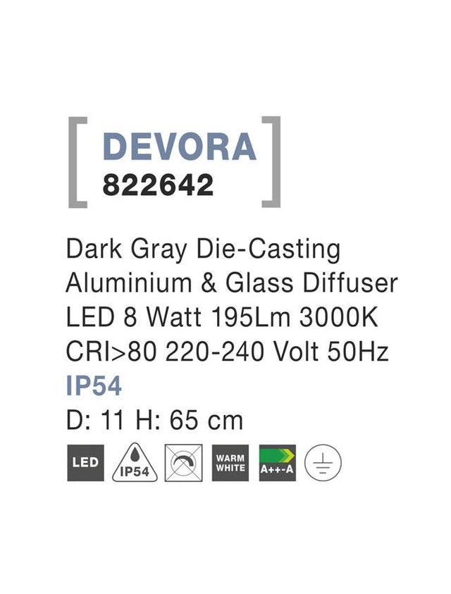 DEVORA Dark Gray Aluminium & Glass Diffuser LED 8 Watt 195Lm 3000K D: 11 H: 65 cm IP54