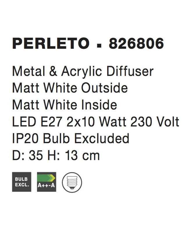 PERLETO Ceiling Lamp White Metal & Acrylic Diffuser LED E27 2x12W D:35 H:13cm