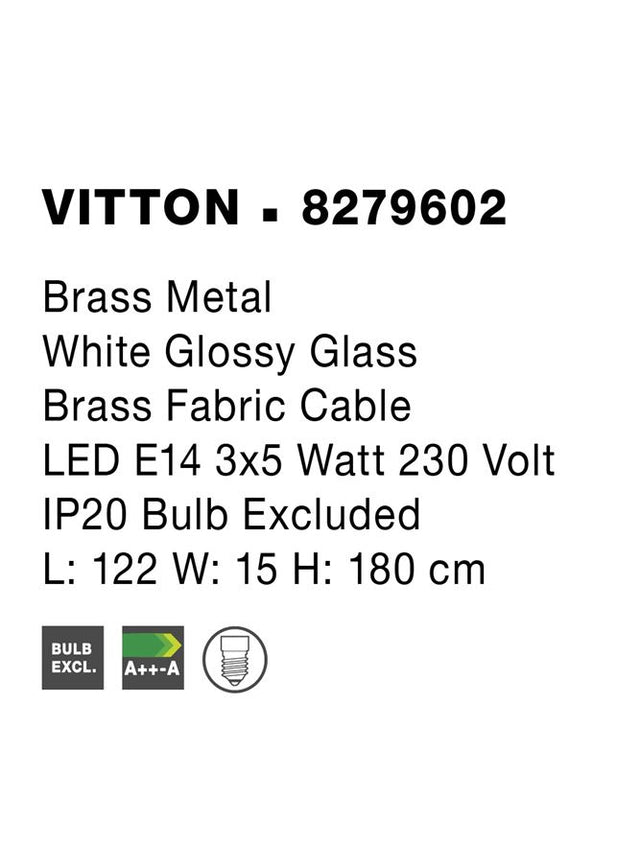 VITTON Brass Metal White Glossy Glass Brass Fabric Cable LED E14 3x5 Watt IP20 Bulb Excluded L:180 H:120cm