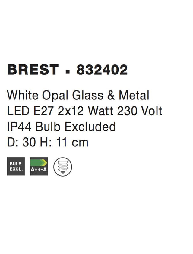 BREST Ceiling Lamp White Opal Glass & Metal LED E27 2x12 Watt D:30 H:11cm