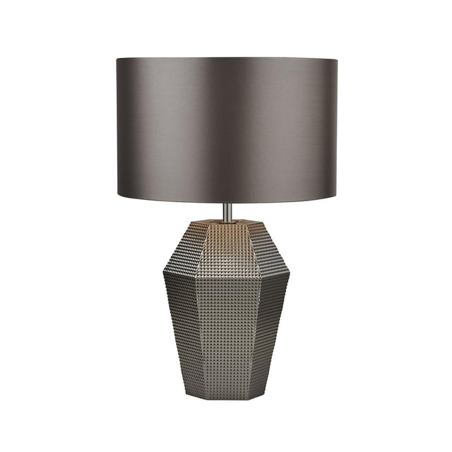 SMOKED GLASS TABLE LAMP WITH GREY DRUM SHADE