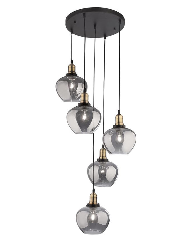 CEDRO Smoky Glass Bronze & Black Metal LED E27 5x12 Watt 230 Volt IP20 Bulb Excluded D: 50 H: 160 cm