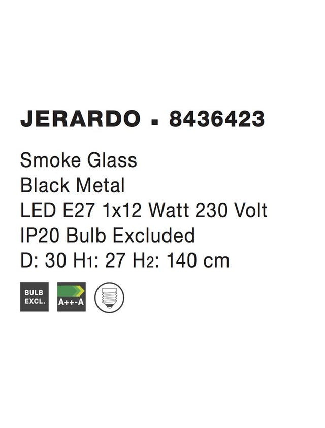 JERARDO Smoke Glass Black Metal LED E27 1x12 Watt 230 Volt IP20 Bulb Excluded D: 30 H1: 27 H2: 140 cm