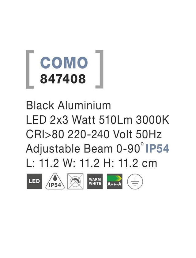 COMO Black Alum. LED 2x3 Watt 510Lm 3000K Adj. Beam L: 11.2 H: 11.2 cm IP54