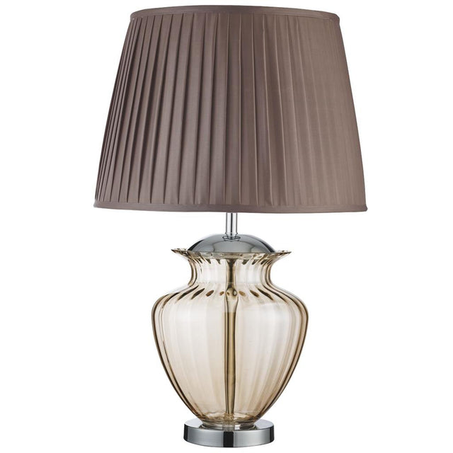 ELINA TABLE LAMP LARGE GLASS URN, AMBER GLASS, CHROME, BROWN PLEATED SHADE