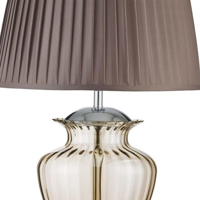 ELINA TABLE LAMP LARGE GLASS URN, AMBER GLASS, CHROME, BROWN PLEATED SHADE