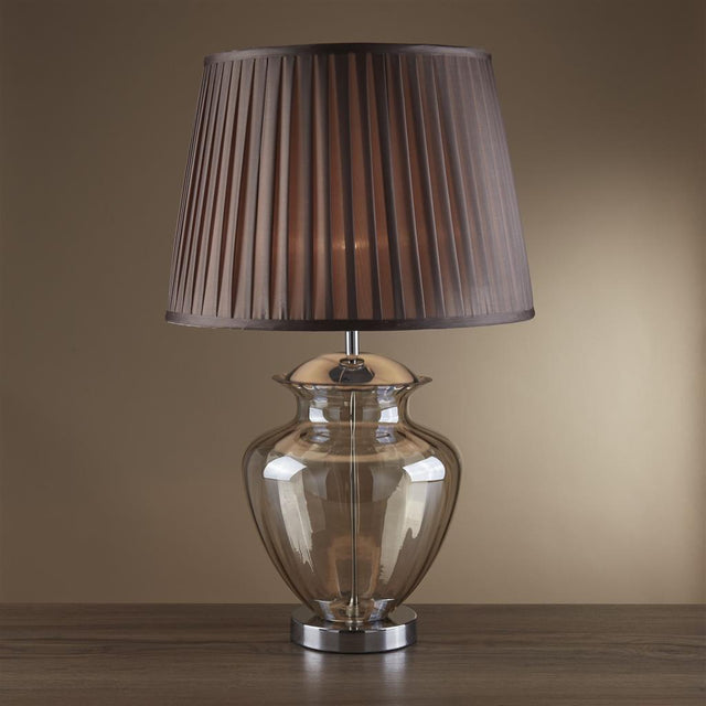 ELINA TABLE LAMP LARGE GLASS URN, AMBER GLASS, CHROME, BROWN PLEATED SHADE