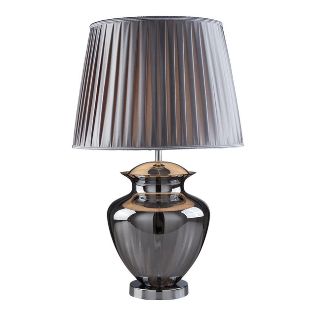 ELINA TABLE LAMP LARGE GLASS URN, SMOKEY GLASS, CHROME, PEWTER PLEATED SHADE