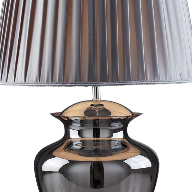 ELINA TABLE LAMP LARGE GLASS URN, SMOKEY GLASS, CHROME, PEWTER PLEATED SHADE