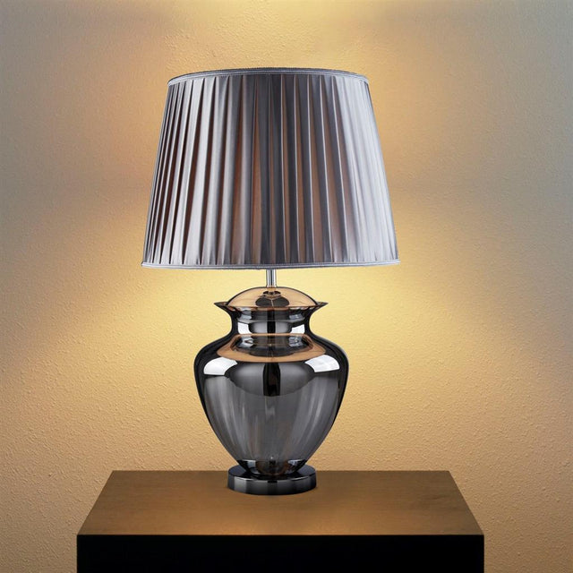 ELINA TABLE LAMP LARGE GLASS URN, SMOKEY GLASS, CHROME, PEWTER PLEATED SHADE