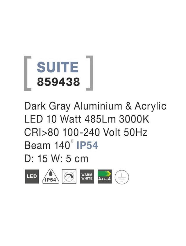 SUITE Dark Gray Aluminium & Acrylic LED 10 Watt 485Lm 3000K D: 15 W: 5 cm IP54