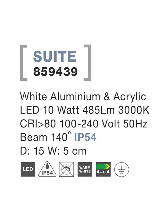 SUITE White Aluminium & Acrylic LED 10 Watt 485Lm 3000K D: 15 W: 5 cm IP54