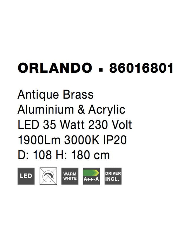 ORLANDO Antique Brass Aluminium & Acrylic LED 35 Watt 1900Lm 3000K IP20 D: 108 H1: 4 H2: 180 cm