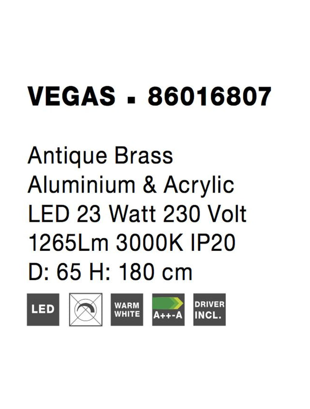 VEGAS Antique Brass Aluminium & Acrylic LED 23 Watt 1265Lm 3000K IP20 D: 65 H1: 4 H2: 180 cm