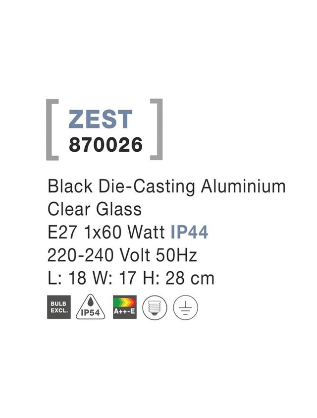 ZEST Black Aluminium Clear Glass E27 1x60 Watt 220-240 Volt L: 18 W: 17 H: 28 cm IP54