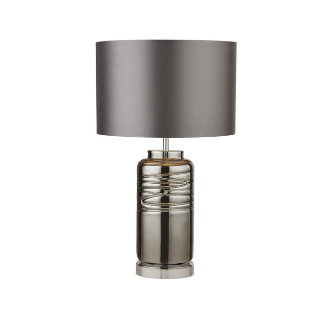 SMOKED RIDGED COLUMN GLASS TABLE LAMP WITH GREY DRUM SHADE