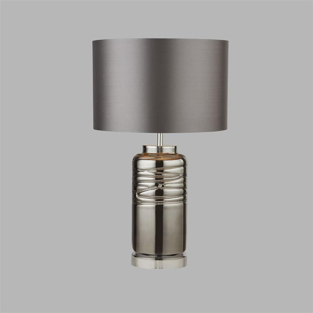 SMOKED RIDGED COLUMN GLASS TABLE LAMP WITH GREY DRUM SHADE