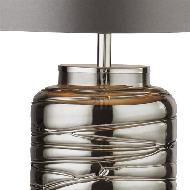 SMOKED RIDGED COLUMN GLASS TABLE LAMP WITH GREY DRUM SHADE