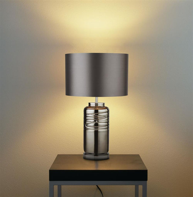 SMOKED RIDGED COLUMN GLASS TABLE LAMP WITH GREY DRUM SHADE