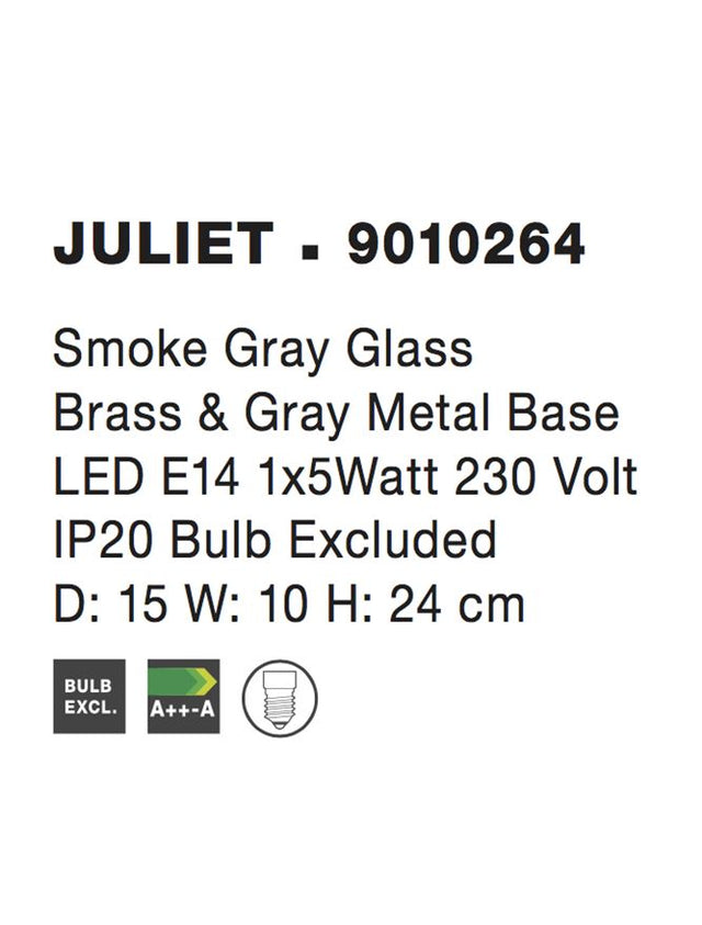 JULIET Smoke Gray Glass Brass & Gray Metal Base LED E14 1x12W IP20 Bulb Excluded D: 15 W: 10 H: 24 cm