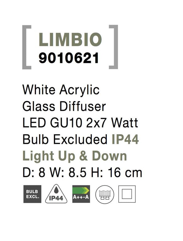 LIMBIO White Acrylic Glass Diffuser LED GU10 2x7 Watt Bulb Excluded IP44
Light Up & Down D: 8 W: 8.5 H: 16 cm