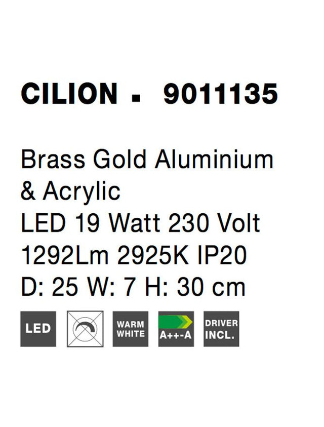 CILION Brass Gold Aluminium & Acrylic LED 19 Watt 230 Volt 1292Lm 2925K IP20 D: 25 W: 7 H: 30 cm