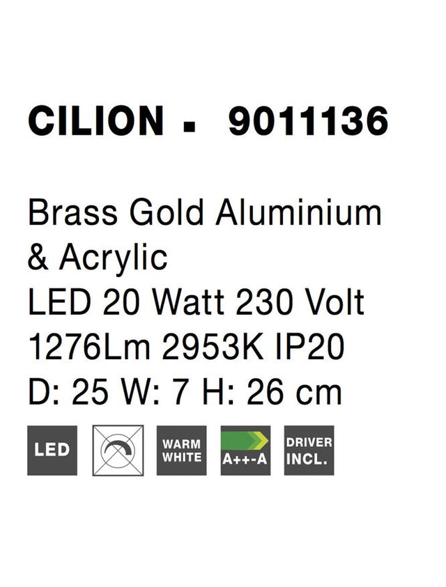 CILION Brass Gold Aluminium & Acrylic LED 20 Watt 230 Volt 1276Lm 2953K IP20 D: 25 W: 7 H: 26 cm