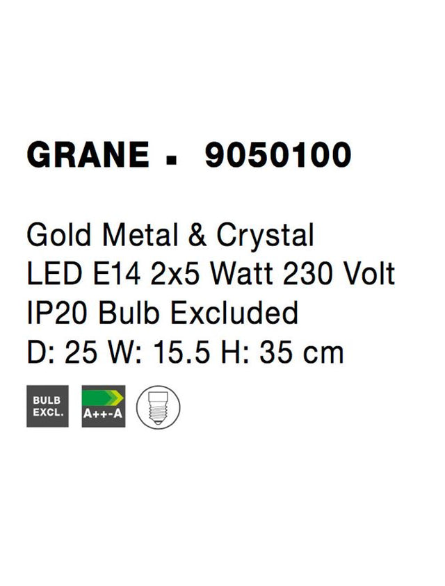 GRANE Gold Metal & Crystal LED E14 2x5 Watt 230 Volt IP20 Bulb Excluded D: 25 W: 15.5 H: 35 cm