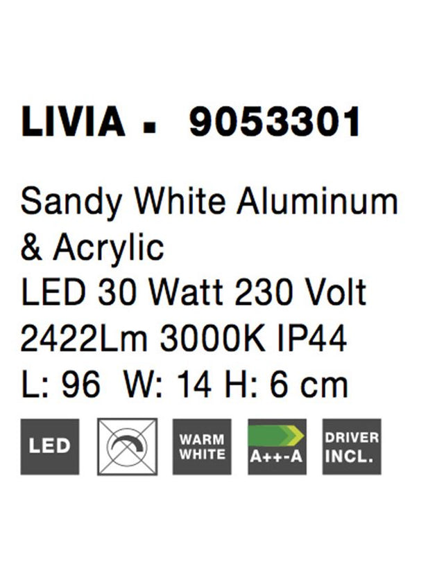 LIVIA Sandy White Aluminum & Acrylic LED 30 Watt 230 Volt 2422Lm 3000K IP44 L: 96 W: 14 H: 6 cm