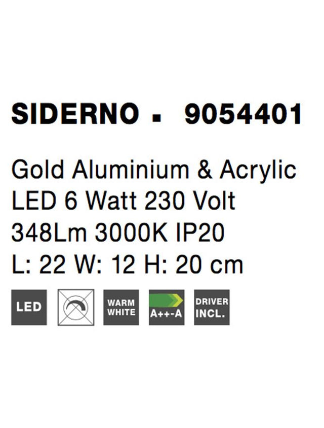 SIDERNO Gold Aluminium & Acrylic LED 1x6 Watt 230 Volt 348Lm 3000K IP20 L: 22 W: 12 H: 20 cm