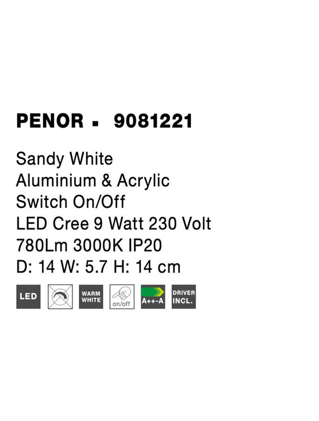 PENOR Sandy White Aluminium & Acrylic Switch On/Off LED Cree 9 Watt 230 Volt 780Lm 3000K IP20 D: 14 W: 5.7 H: 14 cm