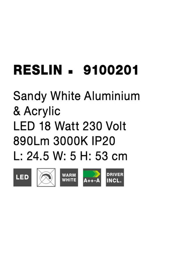 RESLIN Sandy White Aluminium & Acrylic LED 18 Watt 220 Volt 890Lm 3000K IP20 L: 53 W: 24.5 H: 5 cm