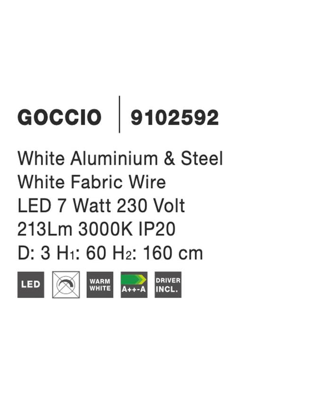 GOCCIO White Aluminium & Steel White Fabric Wire LED 7 Watt 230 Volt 213Lm 3000K IP20 D: 3 H1: 60 H2: 160 cm