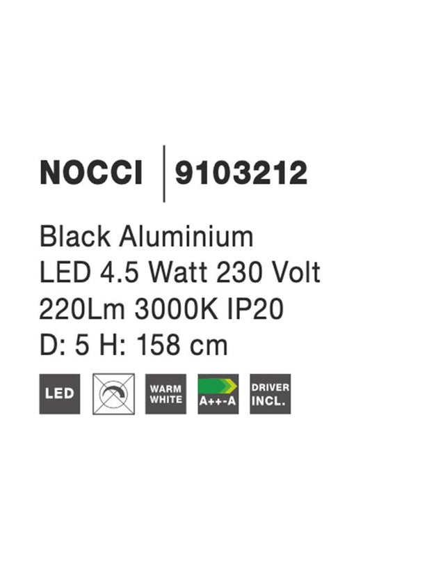 NOCCI Black Aluminium
Black Fabric Wire
LED 4 Watt 230 Volt
290Lm 3000K IP20
D: 5 H: 158 cm Adjustable Height