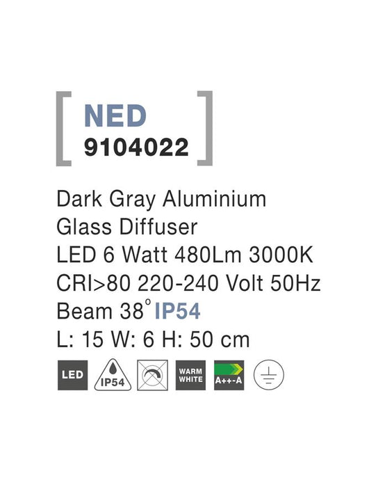 NED Dark Gray Aluminium LED 6 Watt 480Lm 3000K L: 15 W: 6 H: 50 cm IP54