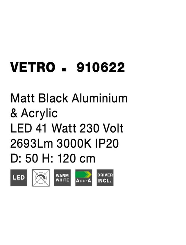 VETRO Matt Black Aluminium & Acrylic LED 41 Watt 230 Volt 2693Lm 3000K IP20 D: 50 H: 120 cm