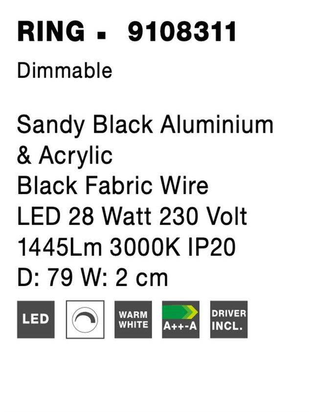 RING Sandy Black Aluminium & Acrylic Black Fabric Wire LED 28 Watt 230 Volt 1445Lm 3000K IP20 D: 79 W: 2 cm