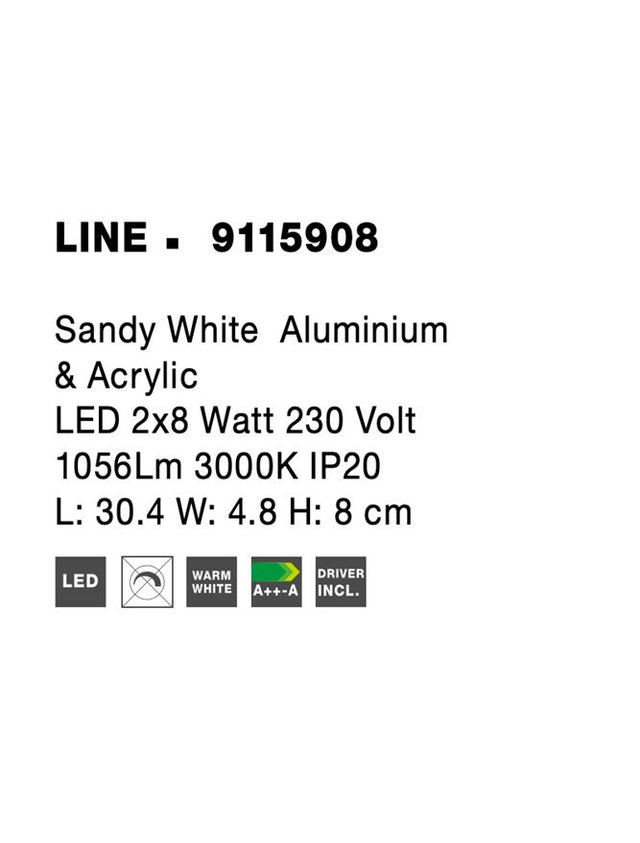 LINE Sandy White Aluminium & Acrylic LED 2x8 Watt 230 Volt 1056Lm 3000K IP20 L: 30.4 W: 11.8 H: 11.8 cm