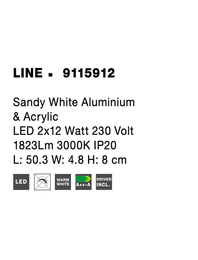 LINE Sandy White Aluminium & Acrylic LED 2x12 Watt 230 Volt 1823Lm 3000K IP20 L: 50.3 W: 8 H: 4.7 cm