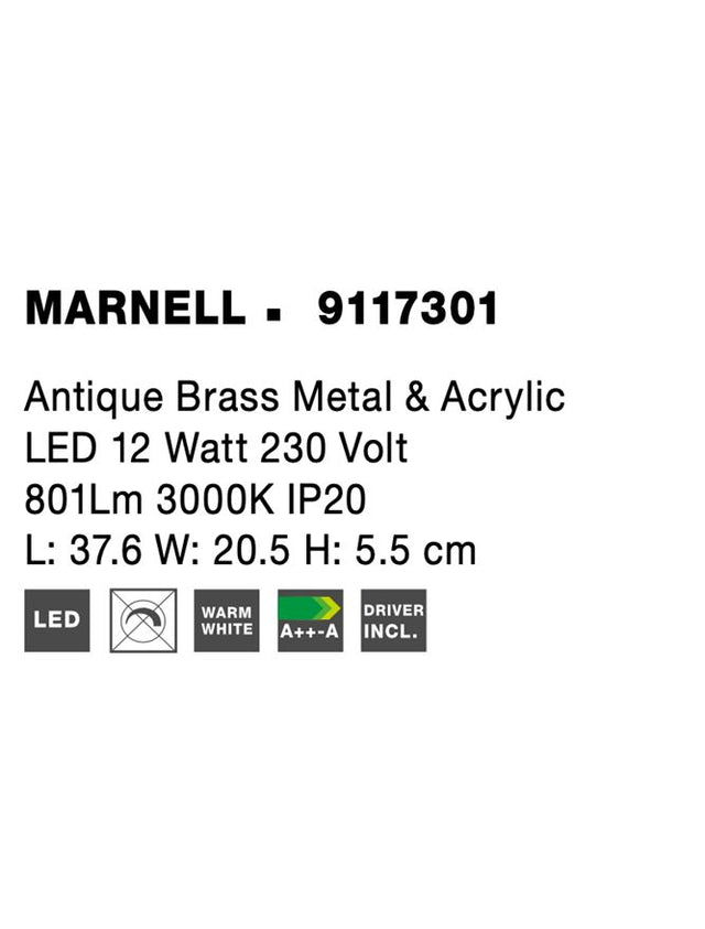 MARNELL Antique Brass Metal & Acrylic LED 12 Watt 230 Volt 801Lm 3000K IP20 L: 37.6 W: 20.5 H: 5.5 cm