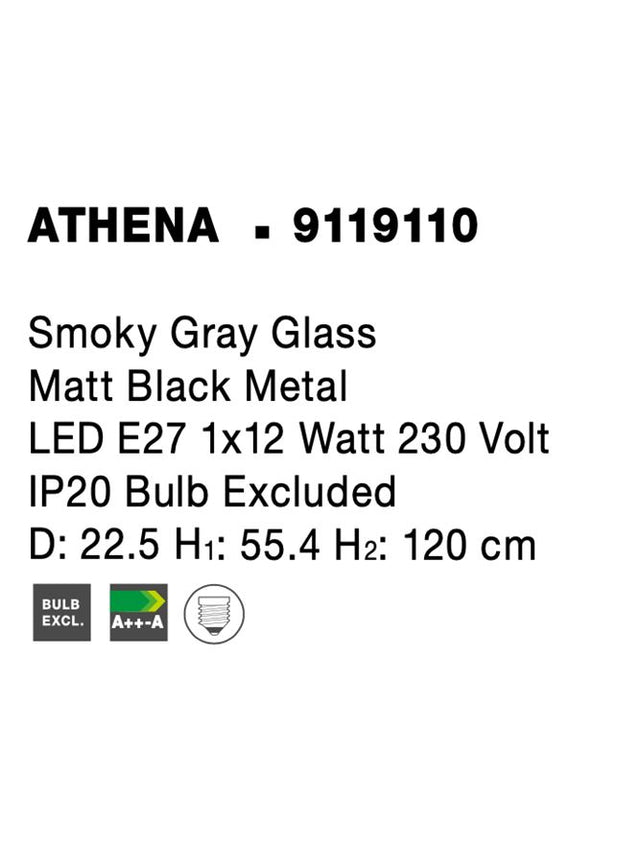 ATHENA Smoky Gray Glass Matt Black Metal LED E27 1x12 Watt 230 Volt IP20 Bulb Excluded D: 22.5 H1: 55.4 H2: 120 cm