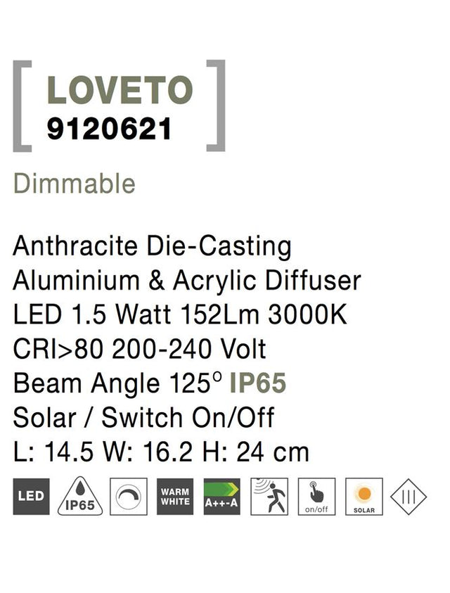 LOVETO Anthracite Die-Casting Aluminium & Acrylic Diffuser LED 1.5 Watt 152Lm 3000K CRI>80 200-240 Volt Beam Angle 125° IP65 Solar / Switch On/Off L: 14.5 W: 16.2 H: 24 cm