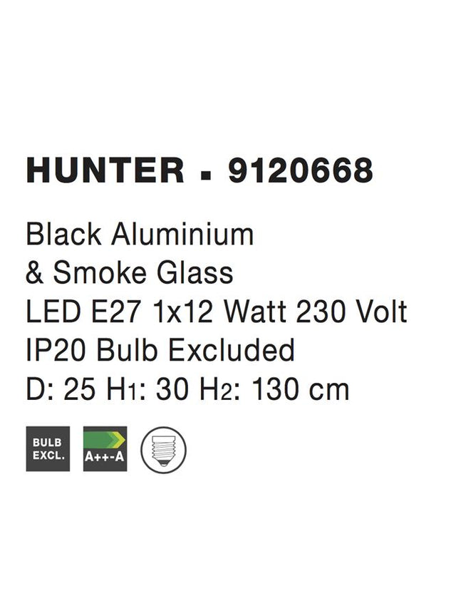 HUNTER Black Aluminium & Smoke Glass LED E27 1x12 Watt IP20 Bulb Excluded D: 25 H1: 30 H2: 130cm