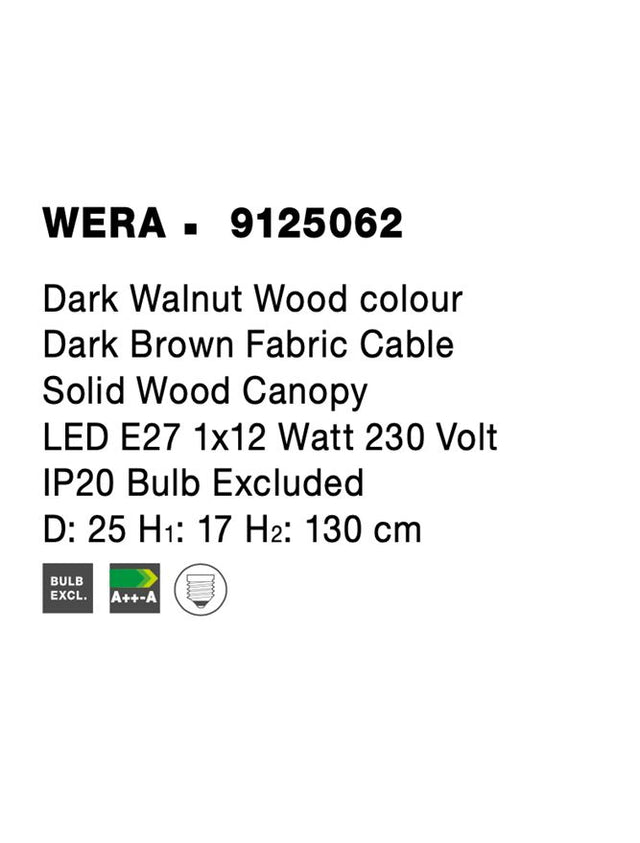 WERA Dark Walnut Wood colour Dark Brown Fabric Cable Solid Wood Canopy LED E27 1x12 Watt 230 Volt IP20 Bulb Excluded D: 25 H1: 17 H2: 130 cm